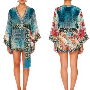 Camilla Teal Floral Silk Romper with Multicolor Print
